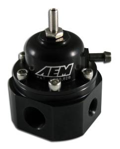 AEM Electronics - AEM Universal Adjustable Fuel Pressure Regulator Black Inlet: 2 X -6 (9/16-18) Outlet: -6 (9/16"-18) Gauge Port: 1/8"NPT 25-302BK - Image 1