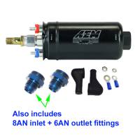 GENUINE AEM Metric 400LPH Inline Fuel Pump + 8AN Inlet / 6AN Outlet Fittings, 50-1009