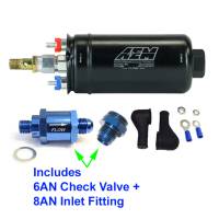 GENUINE AEM 400LPH Inline Fuel Pump +8AN Inlet Fitting / 6AN Check Valve, 50-1009