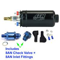 GENUINE AEM 400LPH Inline Fuel Pump +8AN Inlet Fitting / 8AN Check Valve, 50-1009